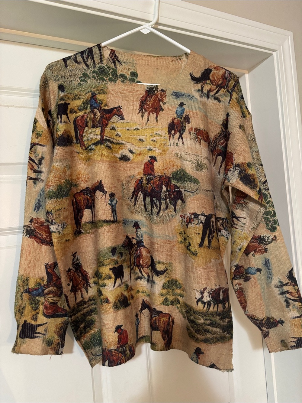 Western Cowboy Print Sweater size large